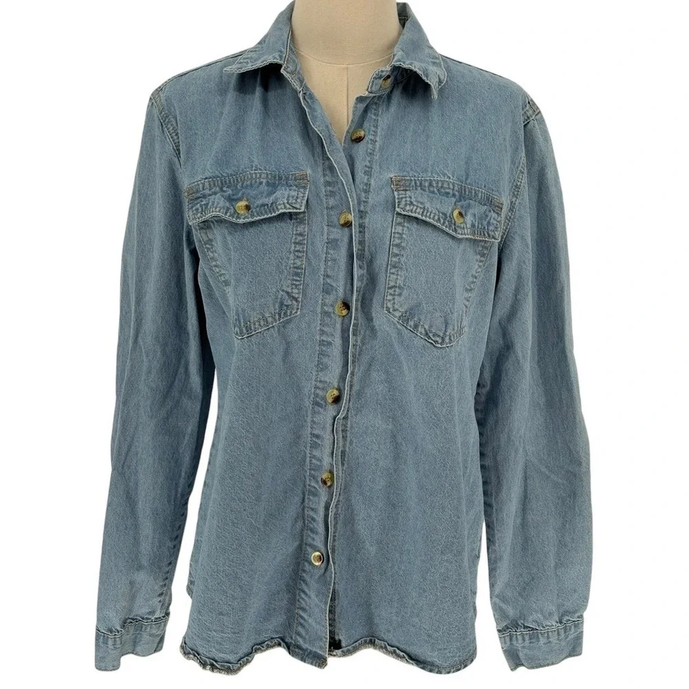 SHEIN Denim Shirt Light Wash 100% Cotton Button‎ Down Pockets Small 4